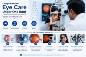 Eye doctor examining a patient at an advanced eye hospital in Thane for cataract, LASIK, and glaucoma diagnosis using modern ophthalmology equipment.